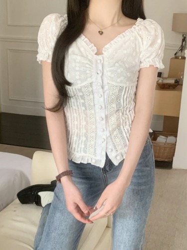 Palace style petite gentle lace puff sleeve shirt women's slim slim short-sleeved shirt sweet top