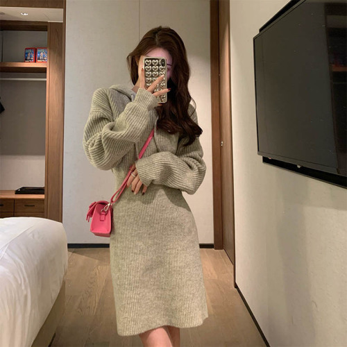 Gray knitted sweater dress for women in autumn and winter, small French style high-end waist slimming hooded sweatshirt skirt