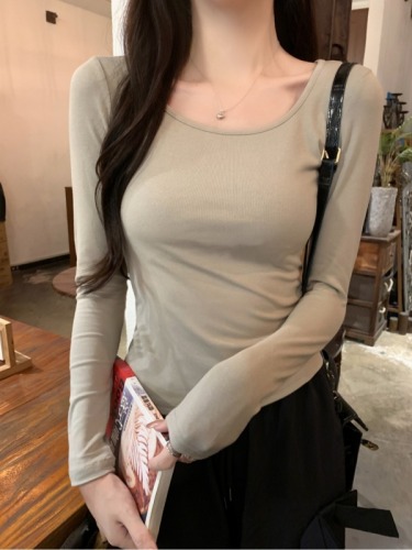 Actual shot of new large size 40 count pure cotton 92 cotton/8 spandex 2024 autumn long-sleeved T-shirt women's square collar slim fit