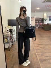 Soft glutinous swag collar, irregular long-sleeved T-shirt for women, pleated waist, slimming design, one-shoulder pure desire top