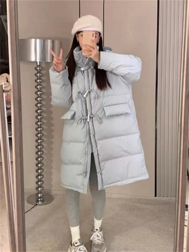 Blue horn button down cotton jacket for women winter 2024 new fashion medium and long style small design cotton jacket