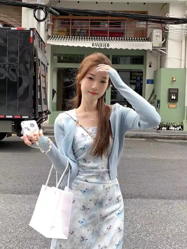Cool butterfly chiffon suit women's waist suspender dress knitted blue cardigan two-piece summer set