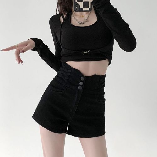 Summer small waist cross-over ultra-high waist tummy-control denim shorts for women, versatile butt-lifting, loose wide-leg hot pants