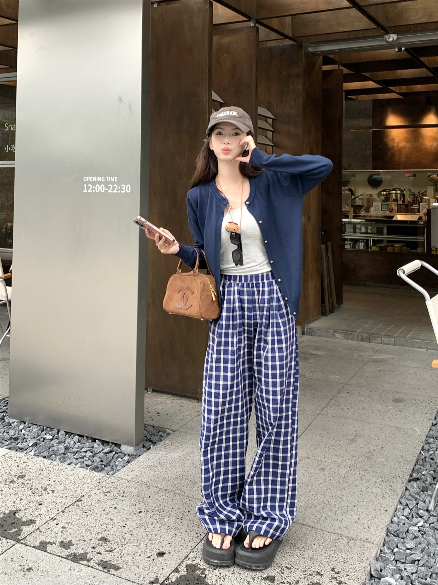 Real shot~Early autumn casual camisole with chest pad, long-sleeved knitted jacket, plaid wide-leg pants three-piece set