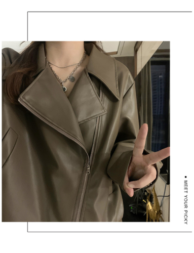 American retro pu leather jacket for women 2024 autumn small loose slim motorcycle jacket short jacket top