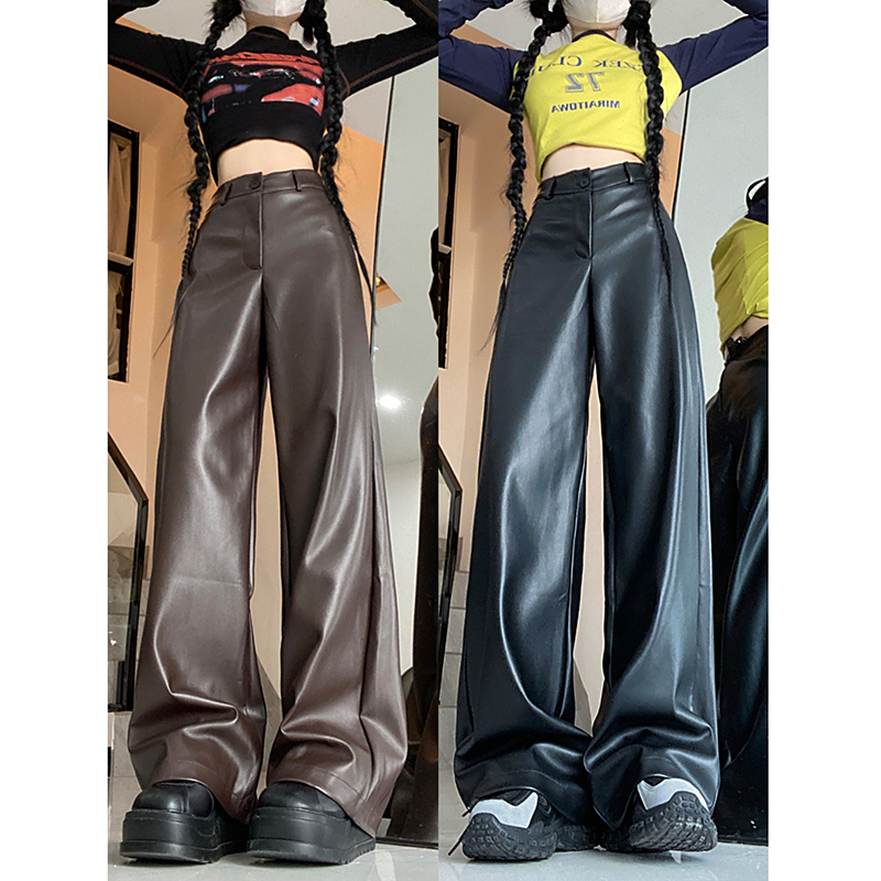 Photographed! 2024 New Loose Fashion Simple No Pocket Slimming High-Waisted Leather PU Pants Women's Leather Pants