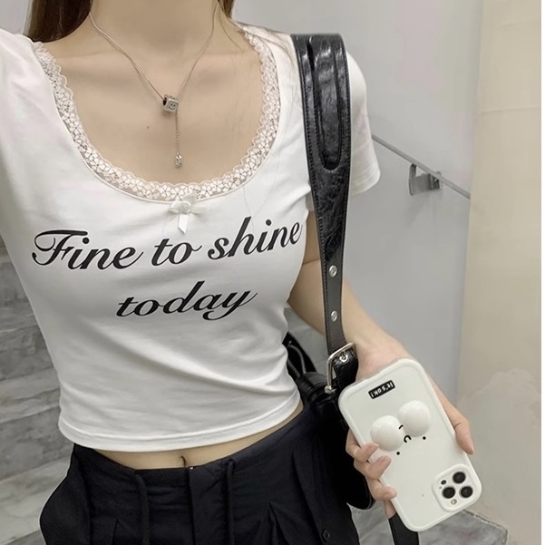 Sexy lace round neck bow short-sleeved T-shirt for women summer white tight slimming printed short high-waisted top