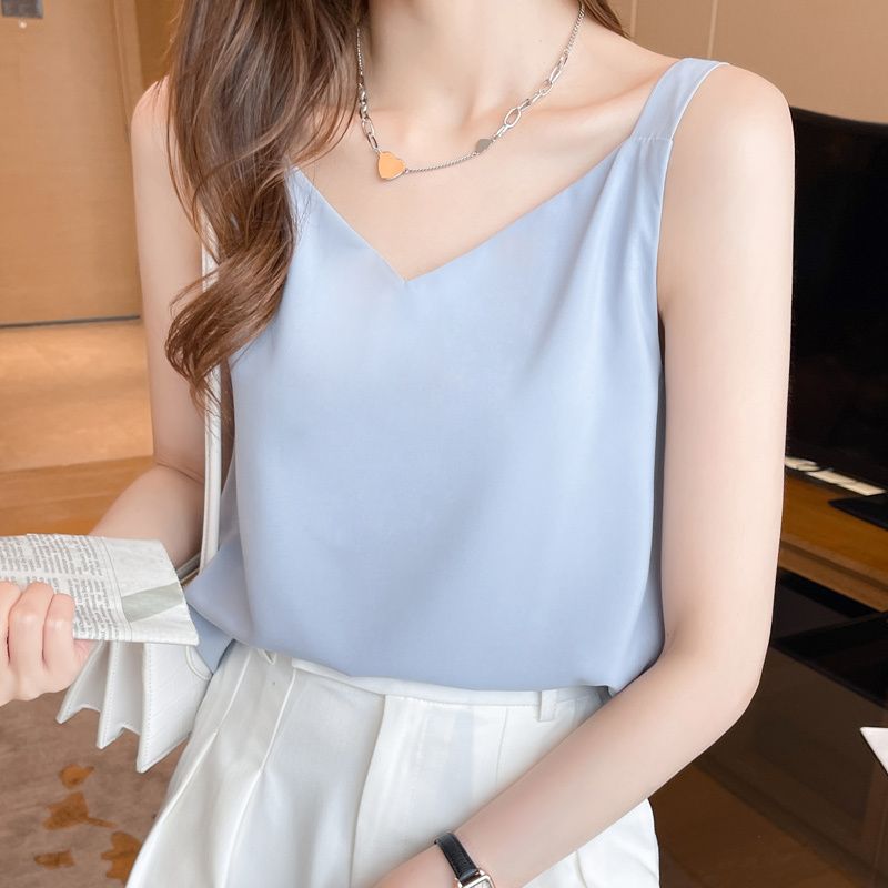 There is a video of new summer sling sleeveless chiffon shirt for women, all-match small shirt for trendy women