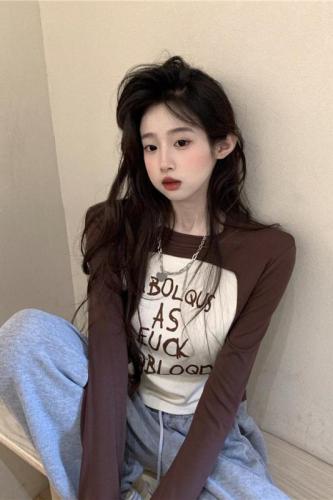 Actual shot ~ early autumn new American style fake two-piece round neck long-sleeved T-shirt with letter print hot girl slim fit top