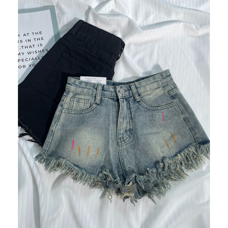 Retro raw edge high waist denim shorts for women summer thin tight slimming little a line hot pants super short hot pants