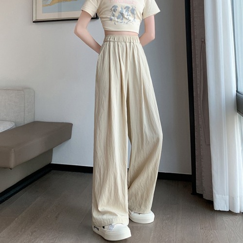 Ice silk wide-leg pants for women, summer thin sunscreen pants, high-waist drape, pleated texture, casual straight cotton and linen Yamamoto pants