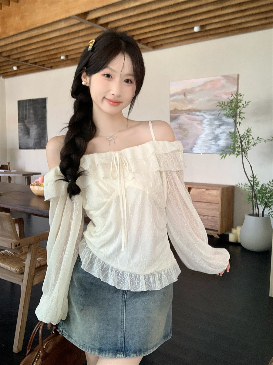 實拍~韓系純欲風肌理感荷葉邊一字肩吊帶衫不規則小衫上衣