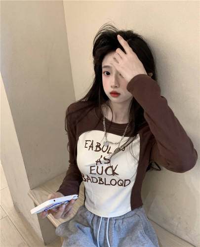 Actual shot ~ early autumn new American style fake two-piece round neck long-sleeved T-shirt with letter print hot girl slim fit top