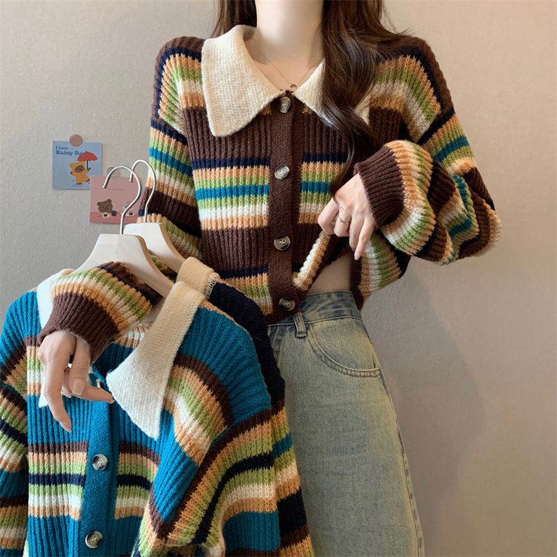 New version of Korean style design color block Polo collar sweater