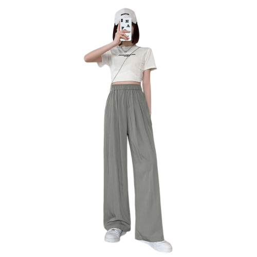 Ice silk wide-leg pants for women, summer thin sunscreen pants, high-waist drape, pleated texture, casual straight cotton and linen Yamamoto pants