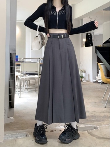 New mid-length high-waist slim pleated skirt loose and versatile skirt for women with belt