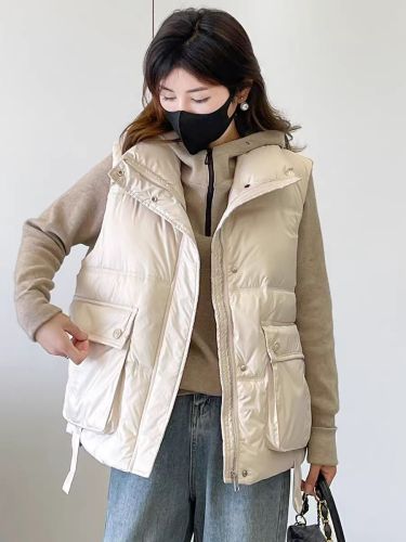 Down vest for women 2024 autumn new Korean style loose and warm white duck down vest outer wear vest jacket