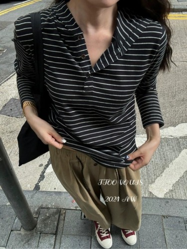 TOO 2024 new autumn style old money style lazy Korean style long-sleeved striped hooded T-shirt women's all-match tops