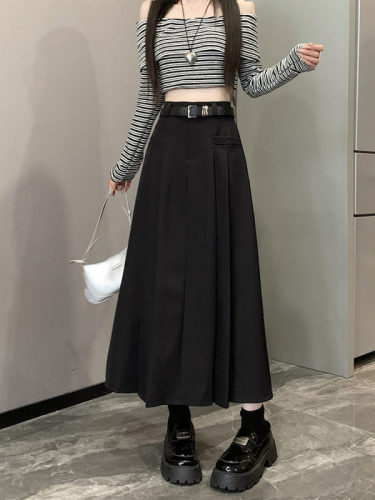 New mid-length high-waist slim pleated skirt loose and versatile skirt for women with belt