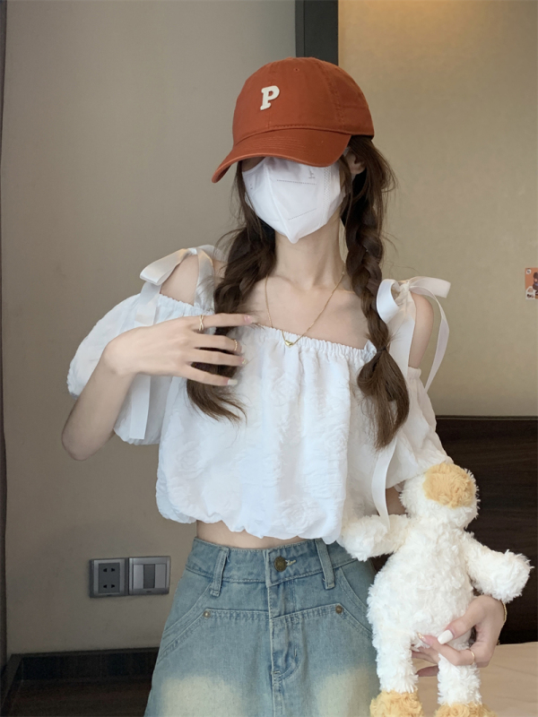 Summer French retro gentle one-shoulder suspender puff-sleeve shirt design top
