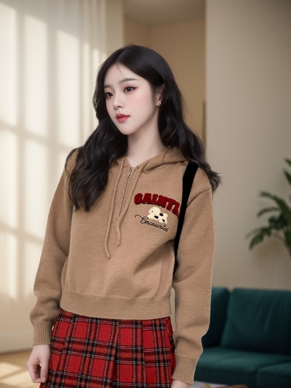 Hello Canon Spotted Dog Embroidered Zipper Hooded Sweater for Women Autumn and Winter Petite Loose Short-Sleeve Knit Top