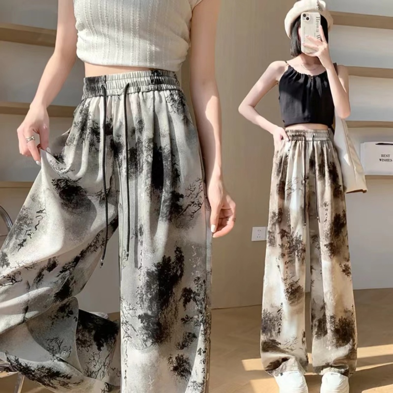 Chinese style printed ice silk wide leg pants for women summer high waist drape straight pants floor mopping casual cool pants