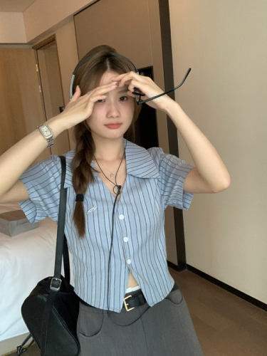 Blue striped texture Polo collar waisted short-sleeved shirt short slimming top for women