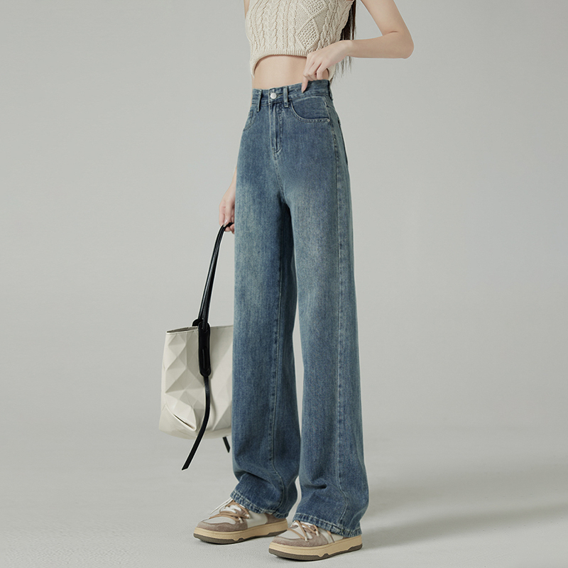 Retro blue wide-leg jeans for women, spring and autumn new style, high-waisted, straight-leg, loose, floor-length mopping pants for small people