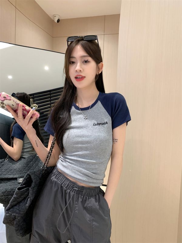 Korean style design color-blocked raglan sleeves slim fit letter embroidered versatile stretch T-shirt top