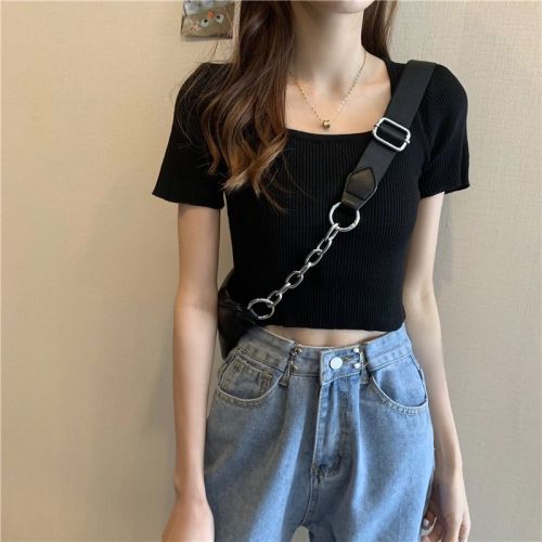 Black bottoming shirt short-sleeved ins trendy summer new style navel-baring knitted t-shirt women's short French collarbone top