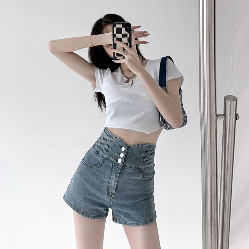 Summer small waist cross-over ultra-high waist tummy-control denim shorts for women, versatile butt-lifting, loose wide-leg hot pants