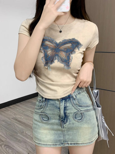 Official picture American retro tie-dye bow short round neck top slim short-sleeved 2024 summer versatile T-shirt for women