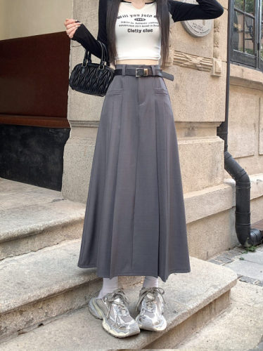 New mid-length high-waist slim pleated skirt loose and versatile skirt for women with belt