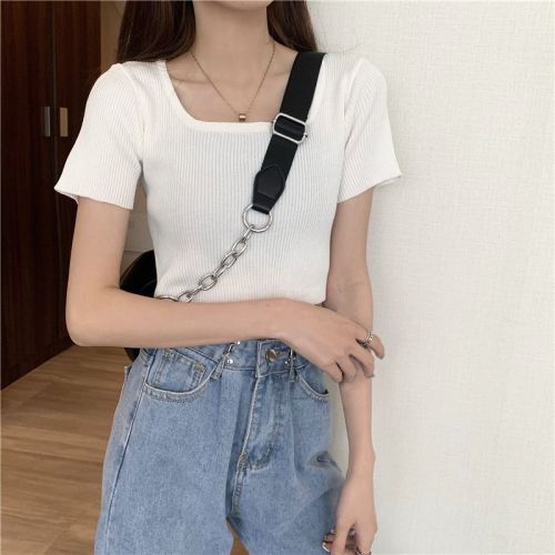 Black bottoming shirt short-sleeved ins trendy summer new style navel-baring knitted t-shirt women's short French collarbone top
