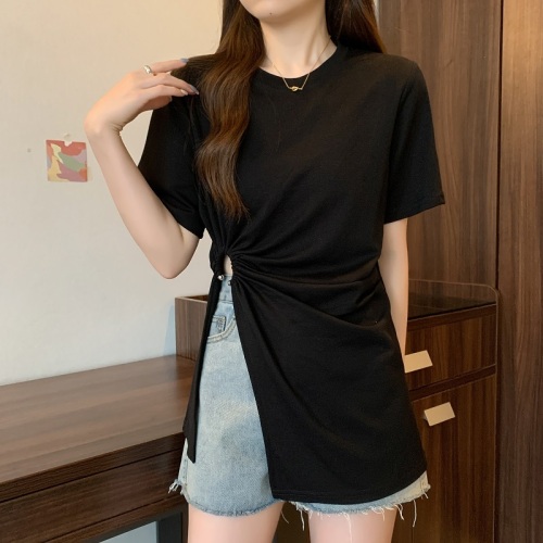 Plus size hottie sexy irregular slit shoulder top women summer slim cotton T-shirt 1553