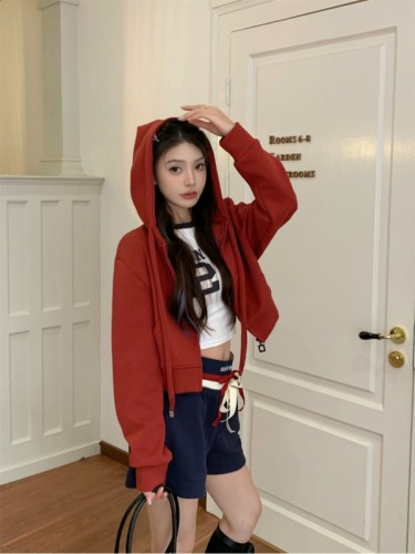 Real shot of fashionable loose hottie short hooded sweatshirt double zipper coat for small women