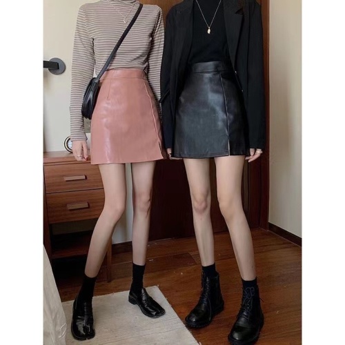 Spring and Autumn small ins leather skirt black skirt women's high-waisted A-line slimming versatile hip-covering slit short skirt winter