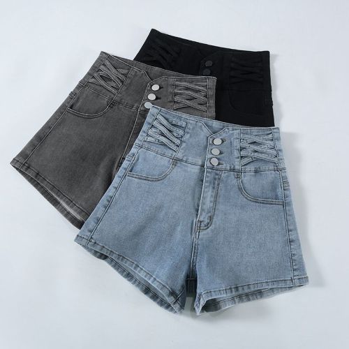 Summer small waist cross-over ultra-high waist tummy-control denim shorts for women, versatile butt-lifting, loose wide-leg hot pants