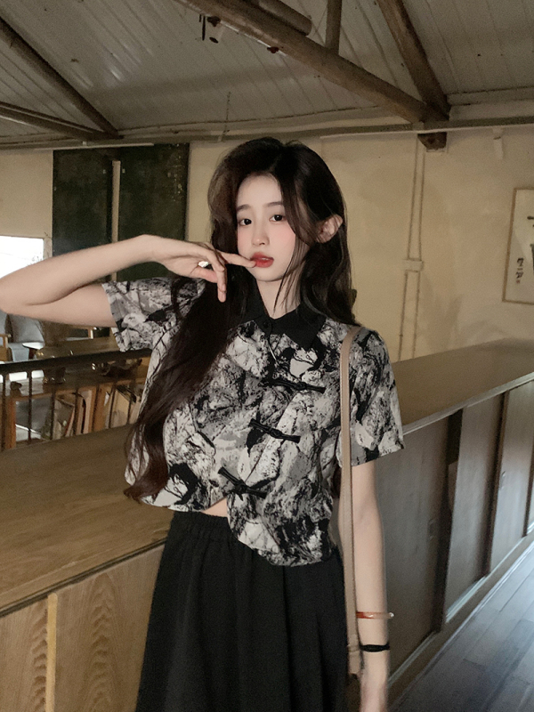 Chinese style short shirt women's button-down short-sleeved shirt chiffon skirt suit