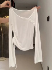 Sun protection long-sleeved T-shirt women's summer thin pullover irregular outer tulle blouse top