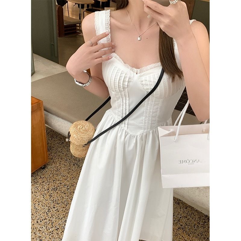 Cool girly lace hollow suspender dress for women with breast pads, waist slimming, backless and small white dress