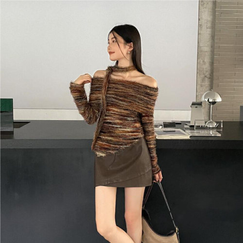 Original 2024 autumn new design ribbon one-shoulder sweater niche pure desire irregular sweater