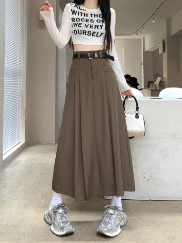 New mid-length high-waist slim pleated skirt loose and versatile skirt for women with belt