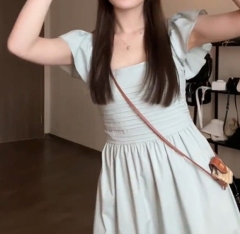Tea break French sweet little flying sleeve dress women's summer new style temperament waist small long dress