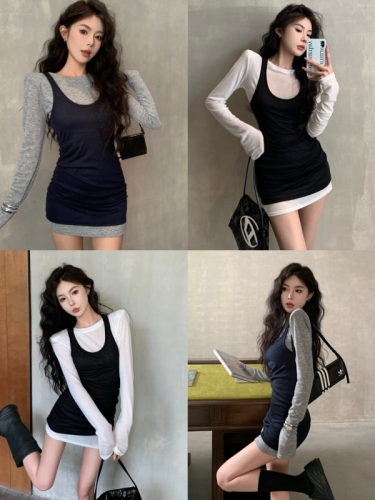 Real shot of autumn sexy age-reducing slightly see-through shoulder-padded long-sleeved T-shirt vest vest two-piece niche hot girl suit