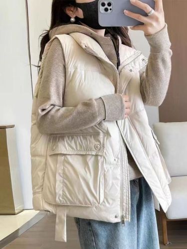 Down vest for women 2024 autumn new Korean style loose and warm white duck down vest outer wear vest jacket