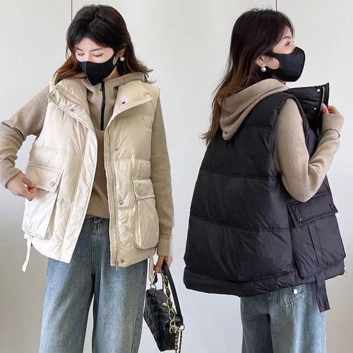 Down vest for women 2024 autumn new Korean style loose and warm white duck down vest outer wear vest jacket