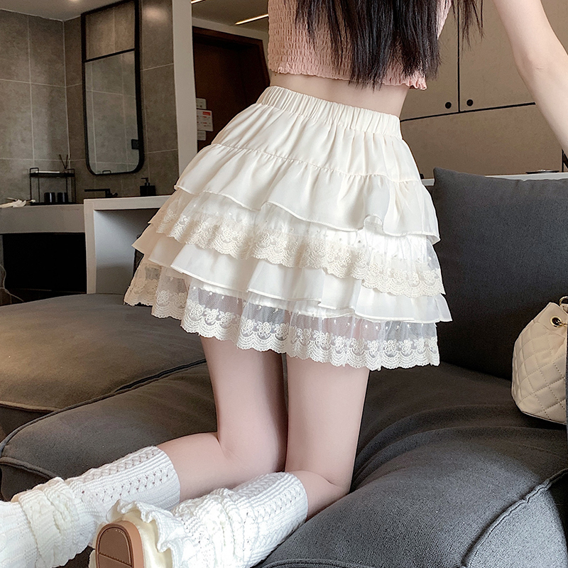 White lace cake skirt women's summer high-waisted A-line skirt ballet style princess tutu skirt