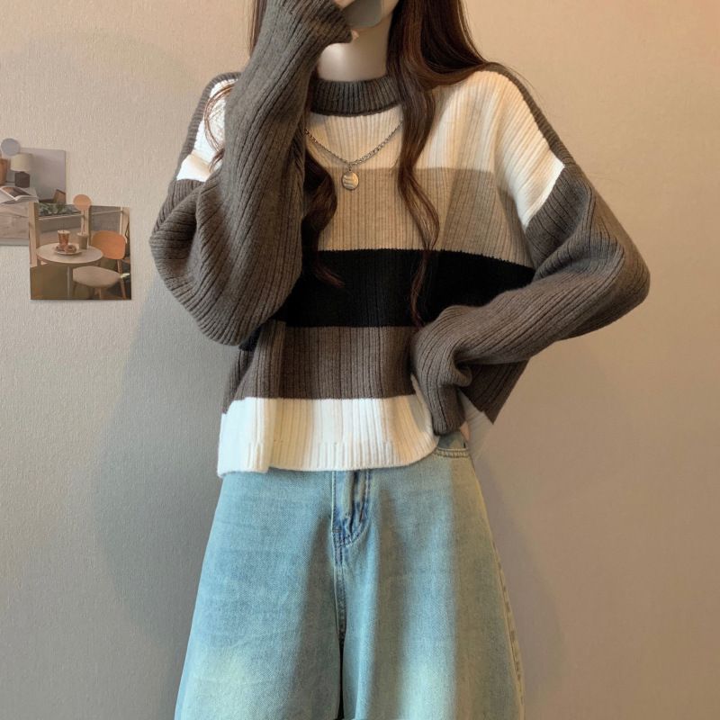 New version of retro lazy style loose round neck contrast sweater