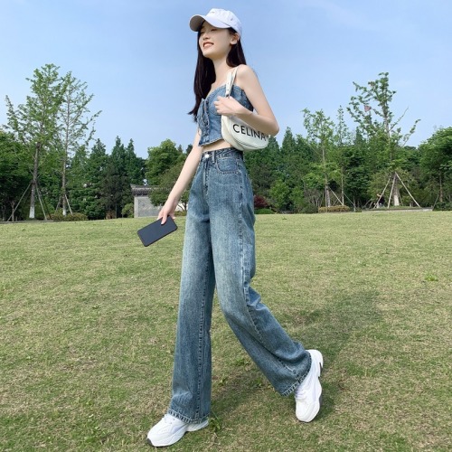 High-waisted straight-leg jeans for women's new style loose and drapey wide-leg floor-length pants for small people